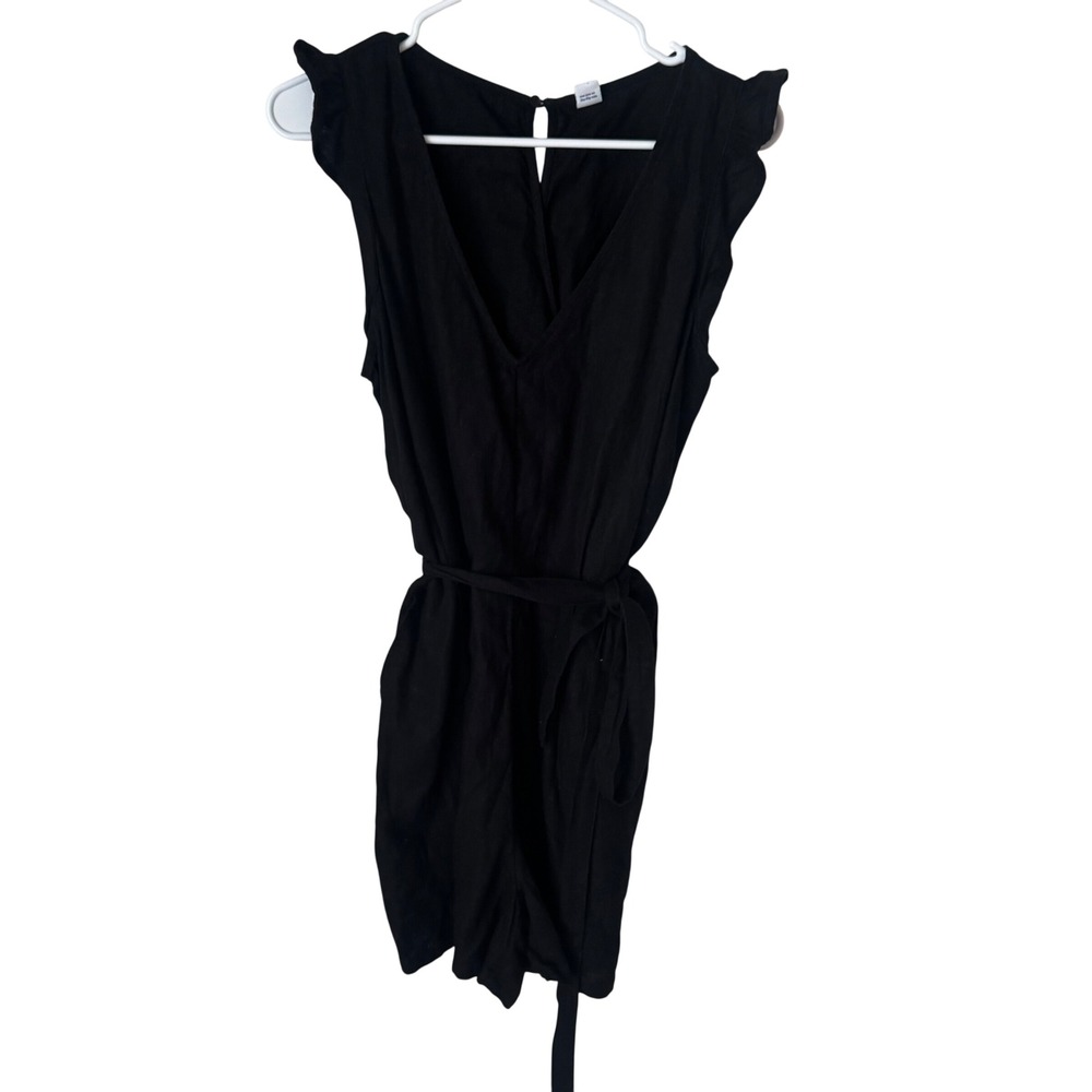 Old Navy Black Linen Blend Ruffle Sleeve Tie Waist Romper Medium Womens